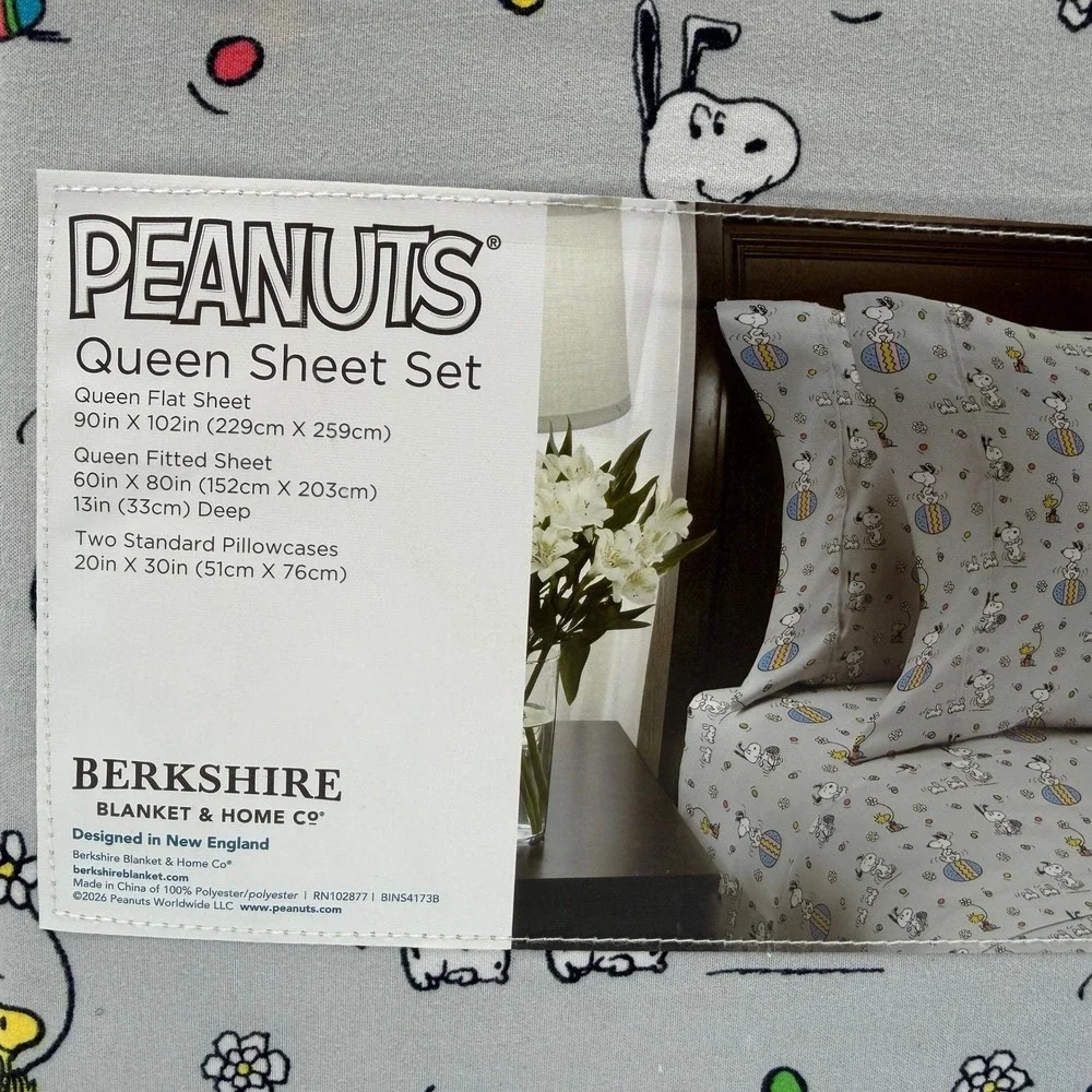 Peanuts Sheet Set Queen Size Grey New Easter Snoopy Woodstock Berkshire Blanket